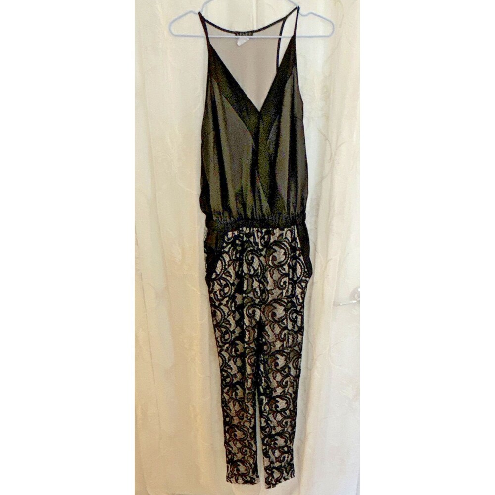 Black Lace Overlay Jumpsuit Nude Lining Tapered Leg Cocktail Evening Size XS